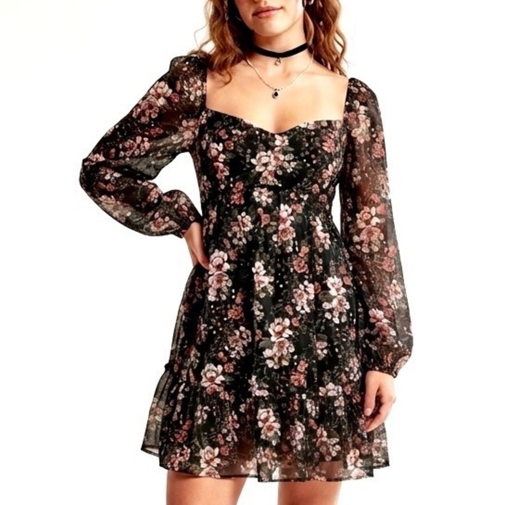 Abercrombie Babydoll Dress SzM Black Floral Smocked Sweetheart Ruffle Whimsigoth